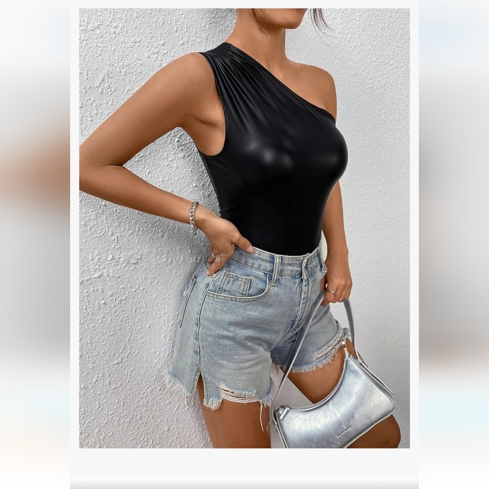 Women's Casual Faux Leather One Shoulder Bodysuit Asymmetrical Neck Sleeveless - Picture 6 of 13